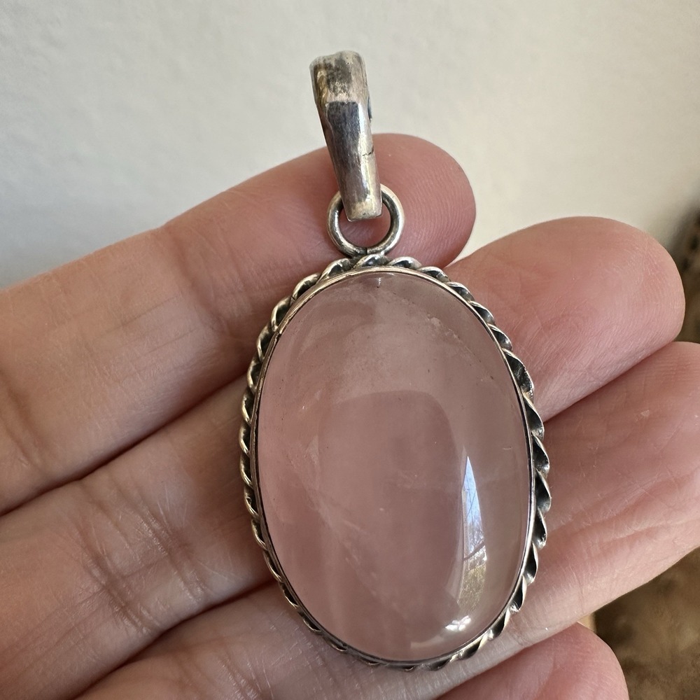 VTG Pendant 1.625‎ Inch Pink Rose Quartz Gem Domed Cab 925 Sterling Silver 12.5g